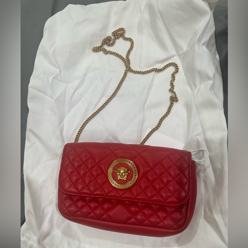 LIKE NEW AUTHENTIC Versace Red and Gold Quilted Crossbody Bag